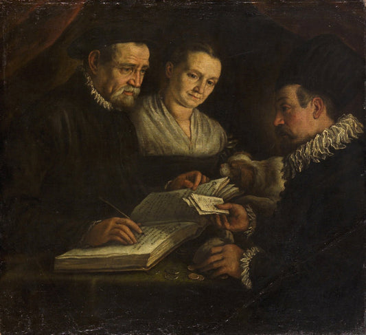 The changer Orazio Lago with His Wife and a Client, vintage artwork by Leandro Bassano, A3 (16x12") Poster Print