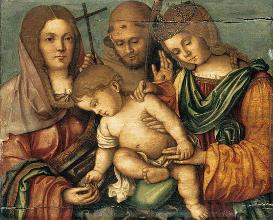 The Christ Child between Sts Catherine, Francis and Elizabeth of Hungary, vintage artwork by Francesco di Bosio Zaganelli, A3 (16x12") Poster Print