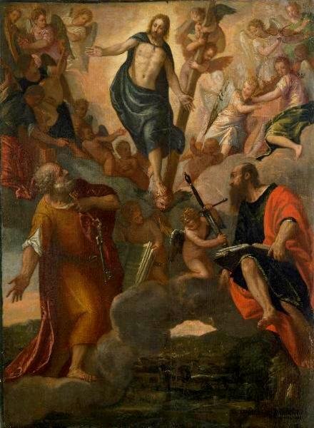 The Christ in Glory with Sts. Peter and Paul, vintage artwork by Attributed to Veronese, 12x8" (A4) Poster