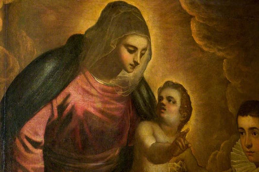 The Comicero/Comero Family Adoring the Madonna and Child, vintage artwork by Attributed to Domenico Tintoretto, A3 (16x12") Poster Print