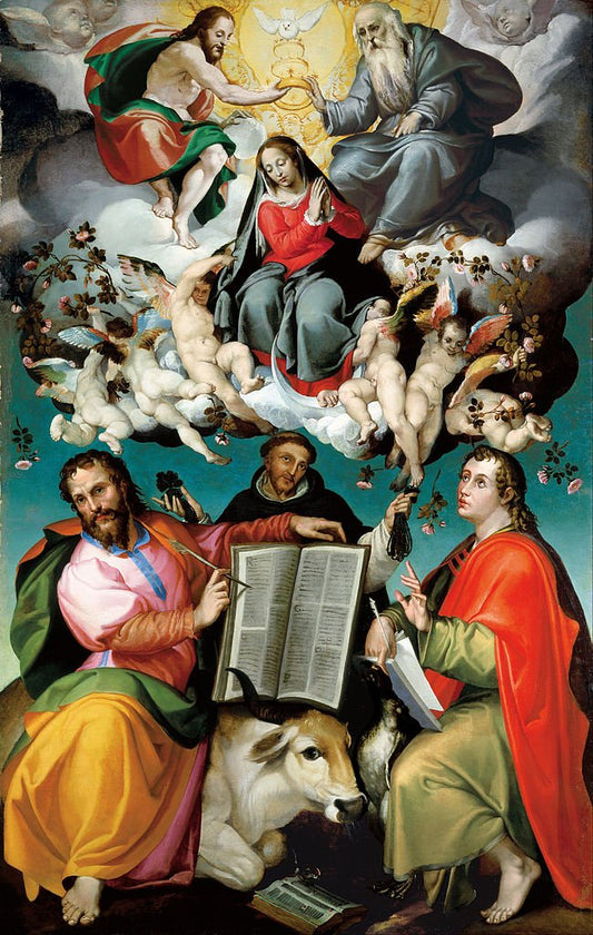 The Coronation of the Virgin with Saints Luke, Dominic, and John the Evangelist, vintage artwork by Bartolomeo Passarotti, A3 (16x12") Poster Print