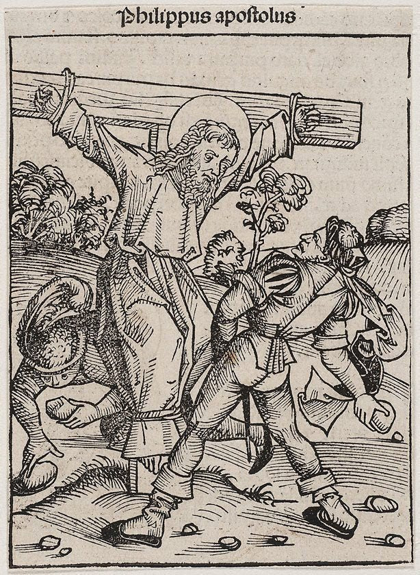 The crucifixion and stoning of St. Phillip, vintage artwork by Michael Wolgemut, A3 (16x12") Poster Print