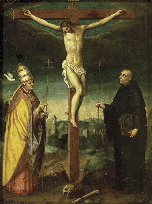 The Crucifixion with Saint Gregory and a Bishop Saint, vintage artwork by Italian School 16th Century - Unknown, A3 (16x12") Poster Print