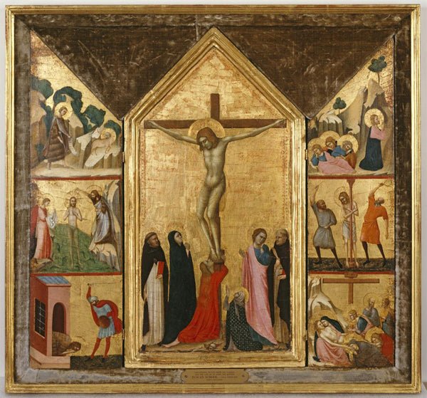 The Crucifixion with Scenes from the Passion and Saint John the Baptist, vintage artwork by Attributed to Lippo di Benivieni, 12x8" (A4) Poster