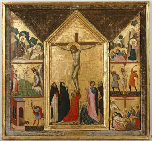The Crucifixion with Scenes from the Passion and Saint John the Baptist, vintage artwork by Attributed to Lippo di Benivieni, 12x8" (A4) Poster