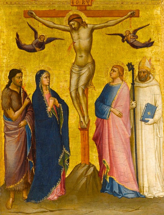 The Crucifixion with St. John the Baptist, the Virgin, St. John the Evangelist, and a Carthusian (?), vintage artwork by Attributed to Mariotto di Nardo, A3 (16x12") Poster Print