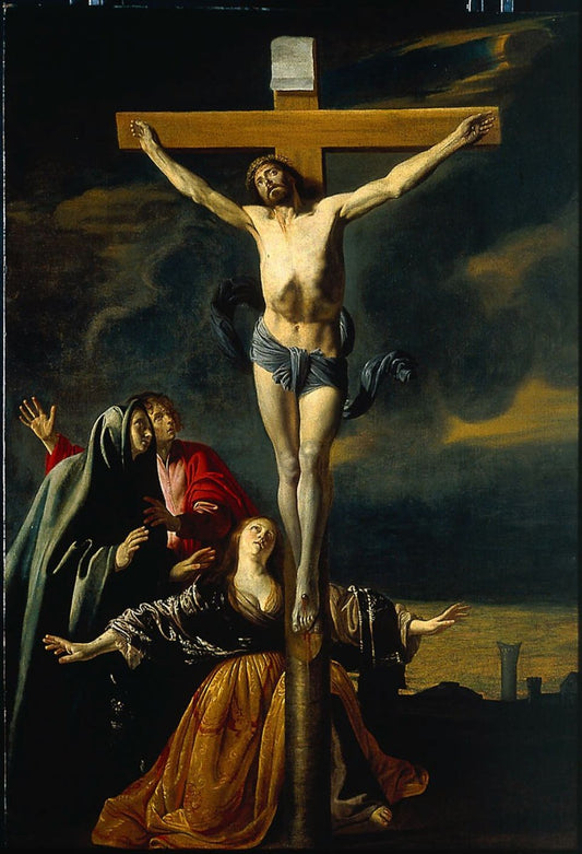 The Crucifixion with the Virgin, Saint John and Mary Magdalene, vintage artwork by Louis Le Nain, 12x8" (A4) Poster