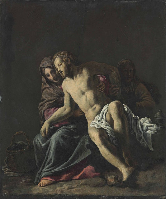 The dead Christ supported by  the Virgin and Mary Magdalene, vintage artwork by Bassetti Marcantonio, 12x8" (A4) Poster