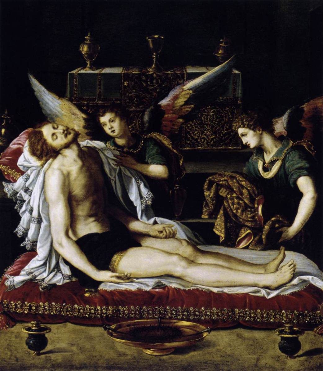 The Dead Christ with Two Angels, vintage artwork by Alessandro Allori, A3 (16x12") Poster Print