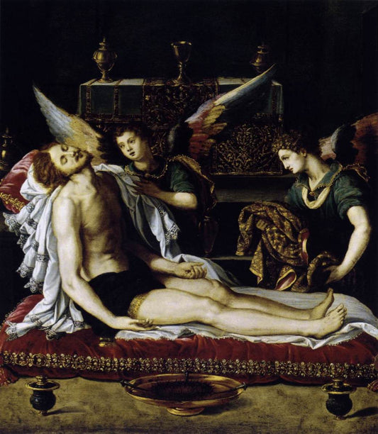 The Dead Christ with Two Angels, vintage artwork by Alessandro Allori, A3 (16x12") Poster Print