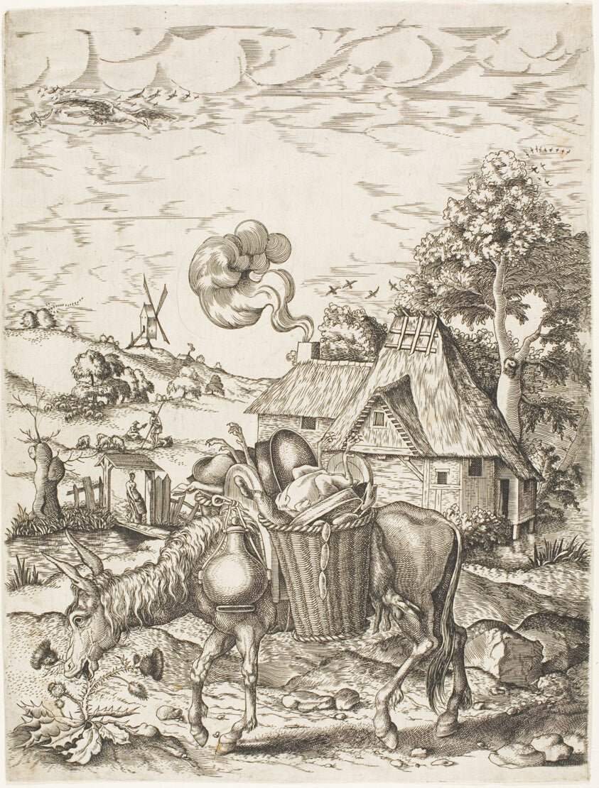 The Donkey Laden with Food, from Emblematic Figures of Animals by  Adrian van de Venne (Dutch, 1589-1662), 23x16"( A2 size ) Poster Print