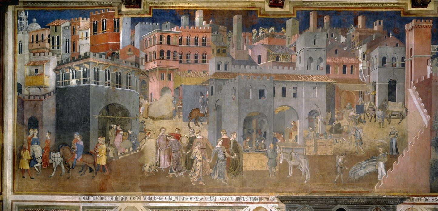 The Effects of Good Government in the City by Ambrogio Lorenzetti, vintage art, modern poster print