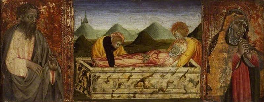 The Entombment of the Virgin, Saint Bartholomew and a Female Saint, vintage artwork by Giovanni di Paolo, 12x8" (A4) Poster