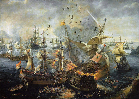 The explosion of the Spanish flagship during the Battle of Gibraltar, 25 April 1607, vintage artwork by Cornelis van Wieringen, A3 (16x12") Poster Print