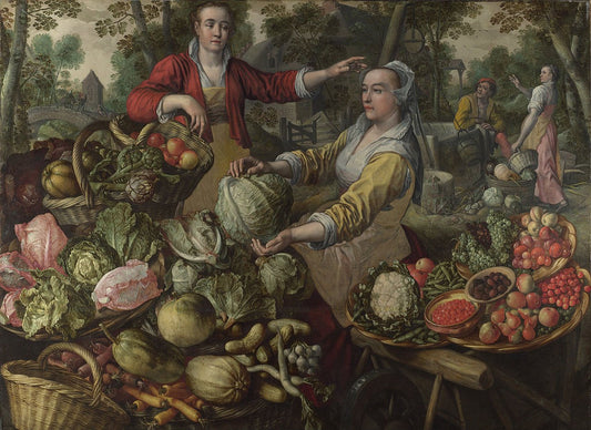 The Four Elements: Earth.  A Fruit and Vegetable Market with the Flight into Egypt in the Background, vintage artwork by Joachim Beuckelaer, A3 (16x12") Poster Print