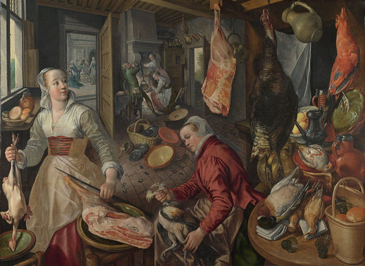 The Four Elements: Fire.  A Kitchen Scene with Christ in the House of Martha and Mary in the Background, vintage artwork by Joachim Beuckelaer, A3 (16x12") Poster Print