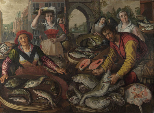 The Four Elements: Water.  A Fish Market with the Miraculous Draught of Fishes in the Background, vintage artwork by Joachim Beuckelaer, A3 (16x12") Poster Print