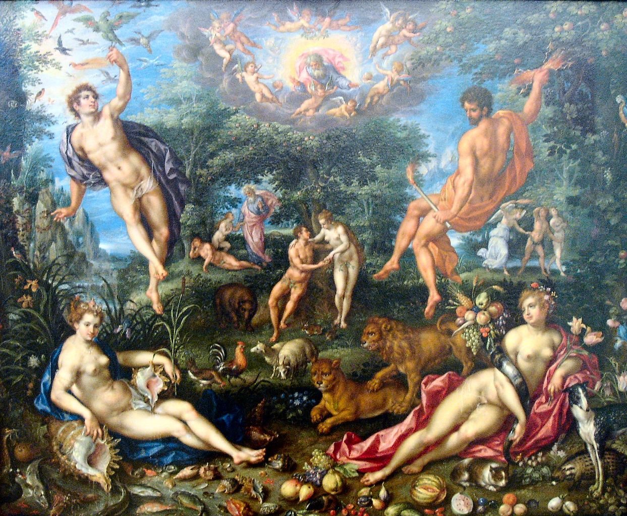 The Four Elements with Scenes from the Creation Beyond, vintage artwork by Denijs van Alsloot, 12x8" (A4) Poster