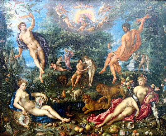 The Four Elements with Scenes from the Creation Beyond, vintage artwork by Denijs van Alsloot, 12x8" (A4) Poster