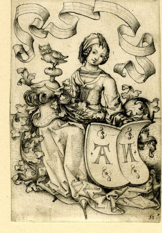 The girl with the coat of arms with letters, vintage artwork by Master of the Housebook, A3 (16x12") Poster Print