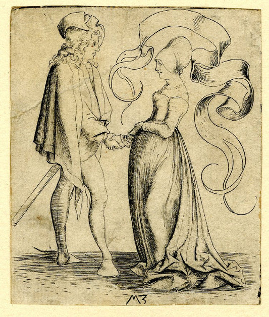 The Greeting (A Young Man with Sword, Turned to the Right, Holds a Woman's Hand), vintage artwork by Matthaus Zaisinger, A3 (16x12") Poster Print