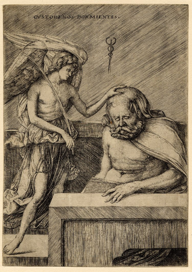 The guardian angel, standing, placing his hand on the head of a sleeping man, vintage artwork by Jacopo de' Barbari, A3 (16x12") Poster Print