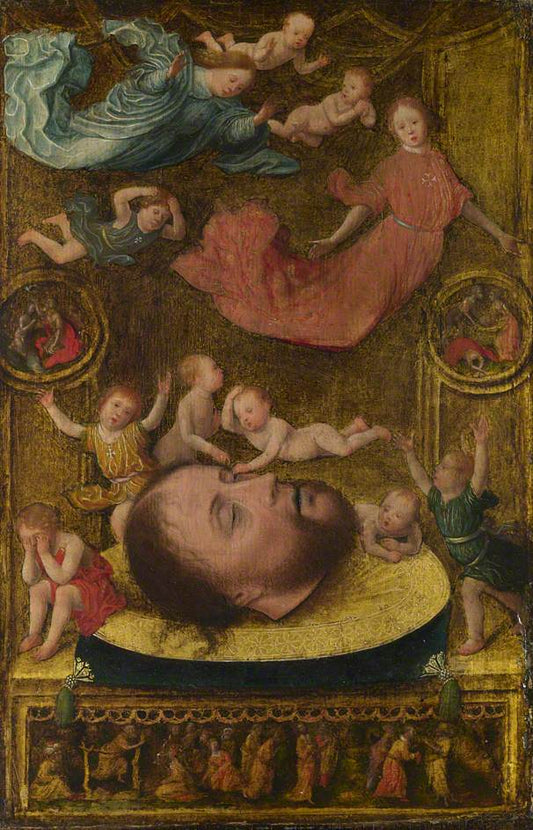 The Head of Saint John the Baptist with Mourning Angels and Putti, vintage artwork by Jan Mostaert, A3 (16x12") Poster Print