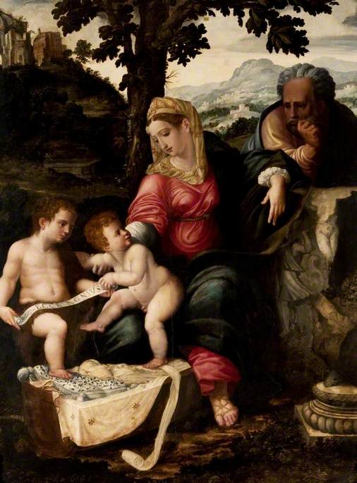 The Holy Family and Saint John the Baptist under an Oak Tree (after Raphael), vintage artwork by Workshop of Jan van Scorel, A3 (16x12") Poster Print