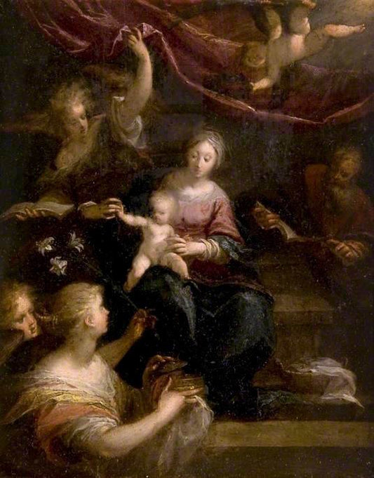 The Holy family with Angels, vintage artwork by Hans von Aachen, 12x8" (A4) Poster