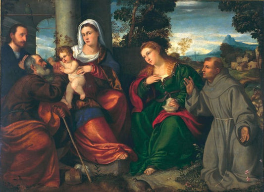 The Holy Family with Mary Magdalen, St. Francis and Donor, vintage artwork by Bonifazio Veronese, A3 (16x12") Poster Print