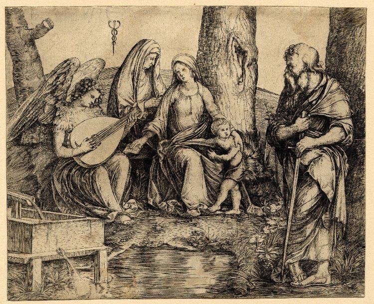 The Holy Family with Saint Elizabeth and the Infant John the Baptist, vintage artwork by Jacopo de' Barbari, A3 (16x12") Poster Print