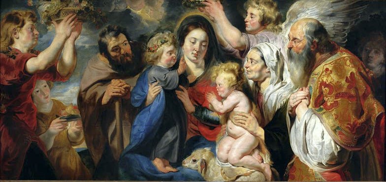 The Holy Family with Saint John, His Parents and Angels, vintage artwork by Jacob Jordaens, 12x8" (A4) Poster