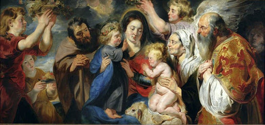 The Holy Family with Saint John, His Parents and Angels, vintage artwork by Jacob Jordaens, 12x8" (A4) Poster