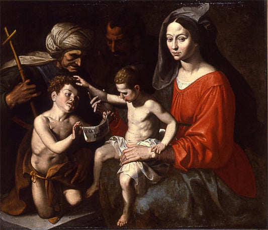 The Holy Family with Saints John the Baptist and Elisabeth, vintage artwork by Louis Finson, 12x8" (A4) Poster