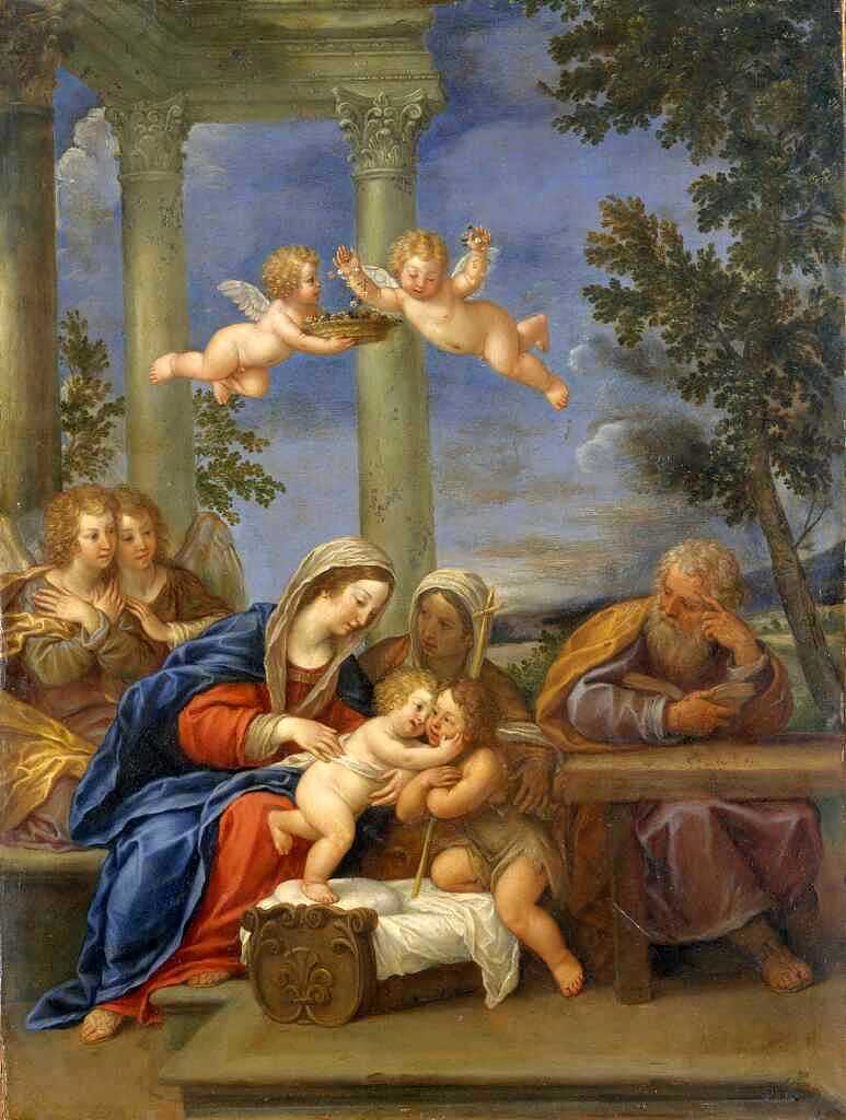 The Holy Family with St Elisabeth and St John the Baptist, vintage artwork by Francesco Albani, 12x8" (A4) Poster
