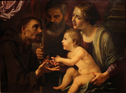The Holy Family with St. Francis from Assisi, vintage artwork by Angelo Caroselli, 12x8" (A4) Poster