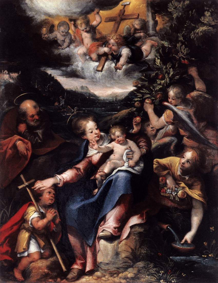 The Holy Family with the Infant St John the Baptist in a Landscape, vintage artwork by Denys Calvaert, A3 (16x12") Poster Print