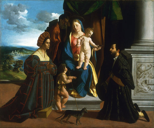 The Holy Family, with The Young Saint John The Baptist, a Cat, And Two Donors, vintage artwork by Dosso Dossi, A3 (16x12") Poster Print