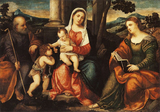 The Holy Family with the Young St. John the Baptist and St. Catherine of Alexandria, vintage artwork by Bonifazio Veronese, A3 (16x12") Poster Print