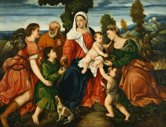 The Holy Family with Tobias and the Angel, Saint Dorothy, Giovannino, and the Miracle of the Corn, vintage artwork by Bonifazio Veronese, A3 (16x12") Poster Print