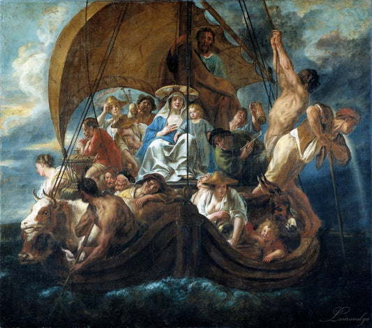 The Holy Family with Various Persons and Animals in a Boat, vintage artwork by Jacob Jordaens, 12x8" (A4) Poster