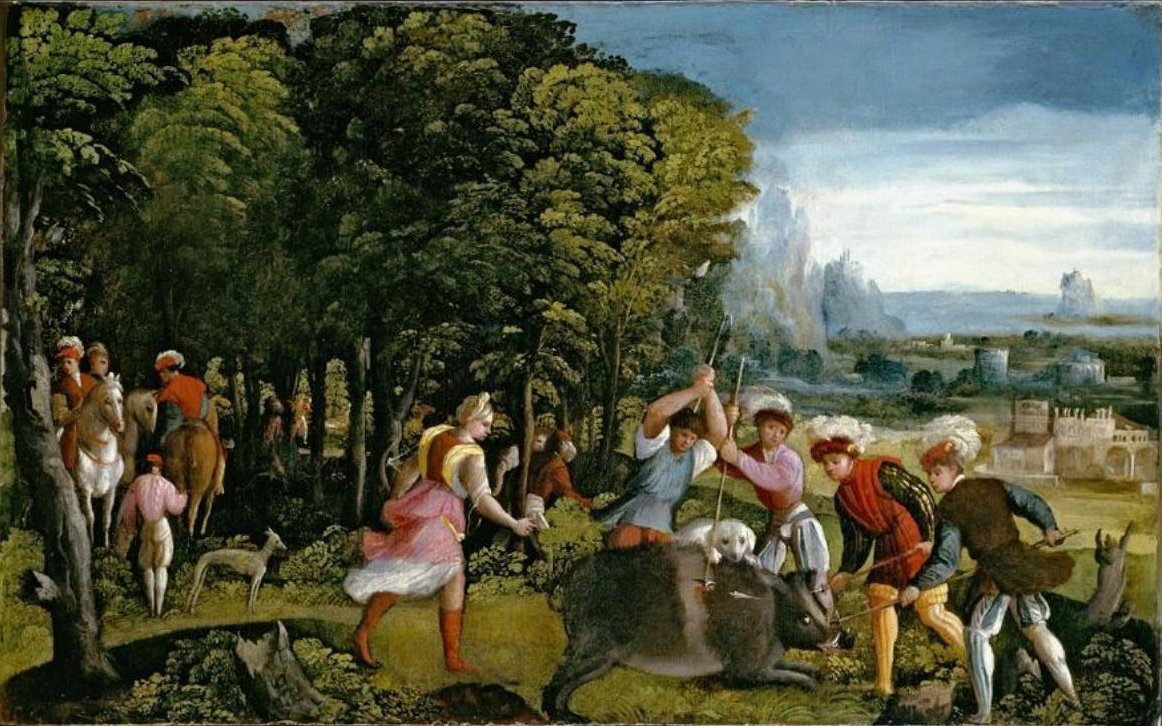 The Hunt of the Calydonian Boar, vintage artwork by Battista Dossi, A3 (16x12") Poster Print