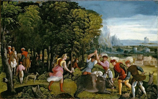 The Hunt of the Calydonian Boar, vintage artwork by Battista Dossi, A3 (16x12") Poster Print