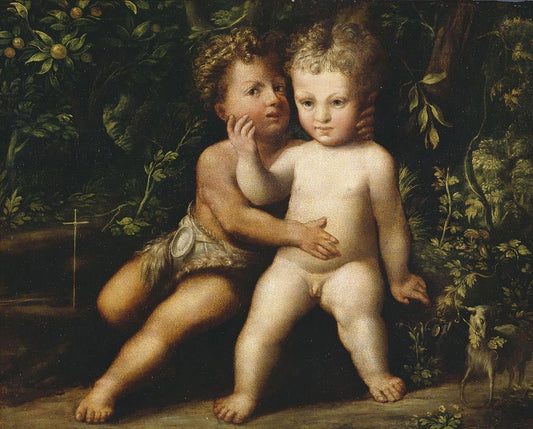 The Infant Christ and Saint John Embracing, vintage artwork by Girolamo Mazzola Bedoli, A3 (16x12") Poster Print