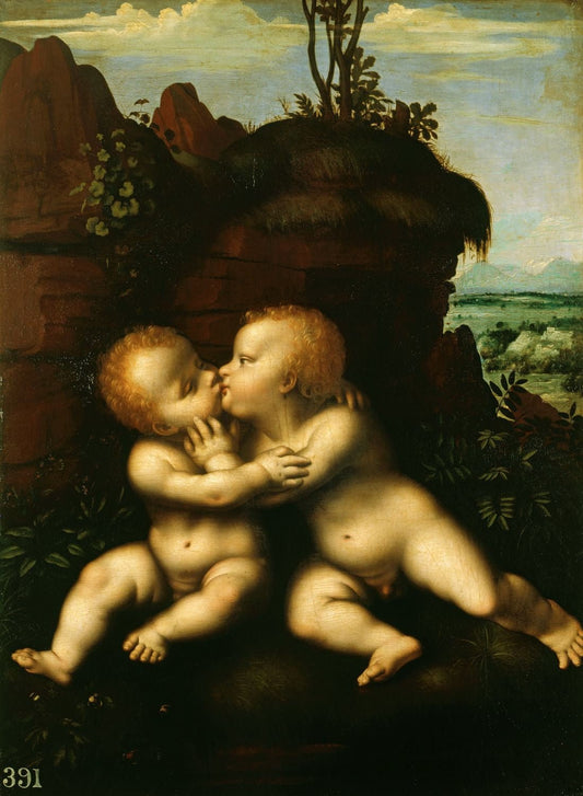 The Infant Christ and Saint John Embracing, vintage artwork by Marco d' Oggiono, A3 (16x12") Poster Print