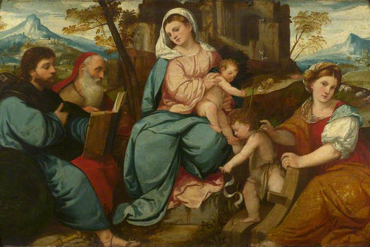 The Madonna and Child with Saints James the Greater, Jerome, the Infant Baptist and Catherine of Ale, vintage artwork by Bonifazio Veronese, A3 (16x12") Poster Print