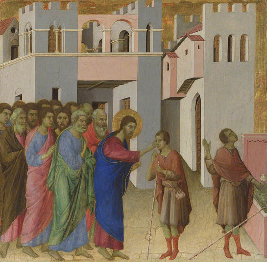 The 'Maestà' Predella Panels: The Healing of the Man Born Blind, vintage artwork by Duccio di Buoninsegna, 12x8" (A4) Poster