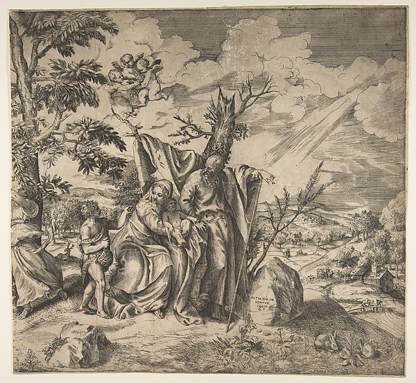 The rest of the Holy Family on their flight to Egypt 1531–76-G, vintage art, A3 (16x12") Poster Print