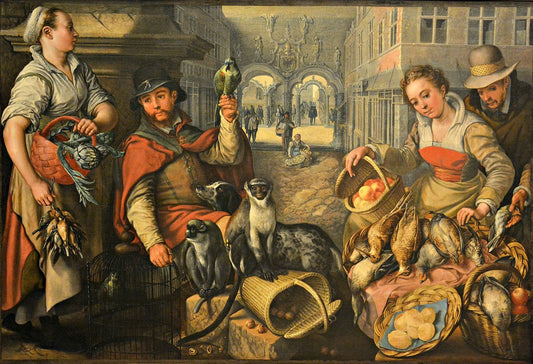 The Sellers of Exotic Animals, vintage artwork by Joachim Beuckelaer, 12x8" (A4) Poster