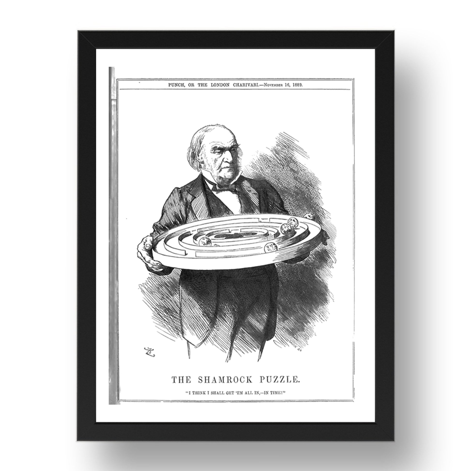 The Shamrock Puzzle Gladstone Irish Question Cartoon1889, vintage historic poster in 17x13"(A3) Frame